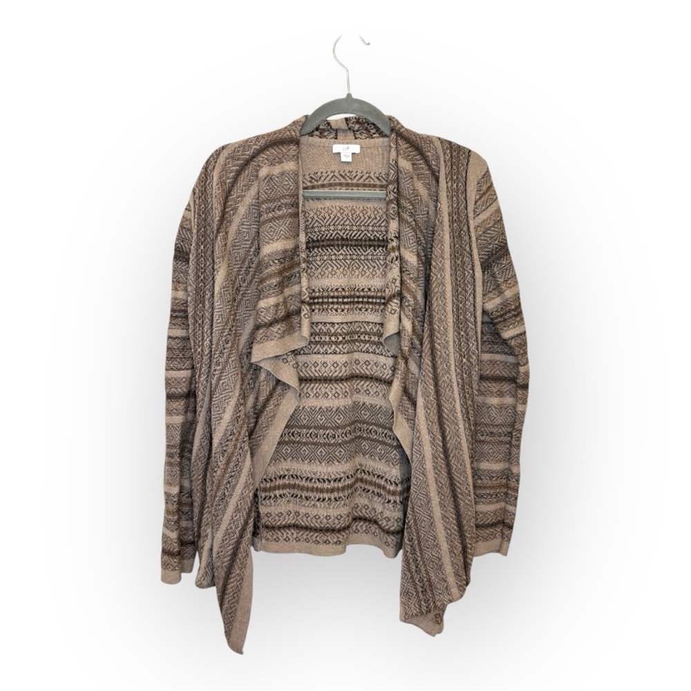 J.Jill Tan Patterned Knit Cardigan Draped Open Front Boho Style Small